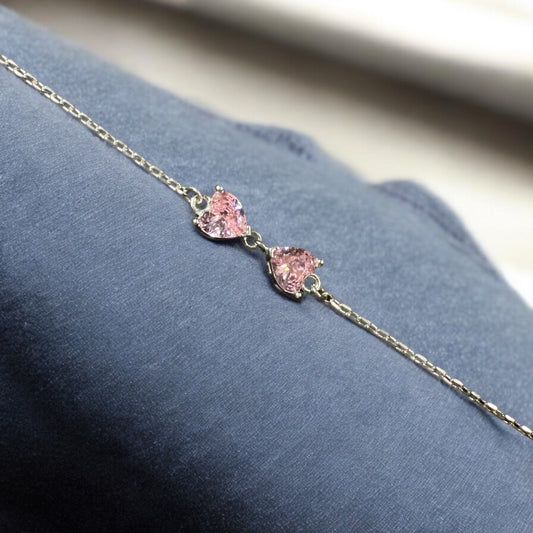 925 Ayar Gümüş 2'li Pembe Zirkon Taşlı Kalp Bileklik