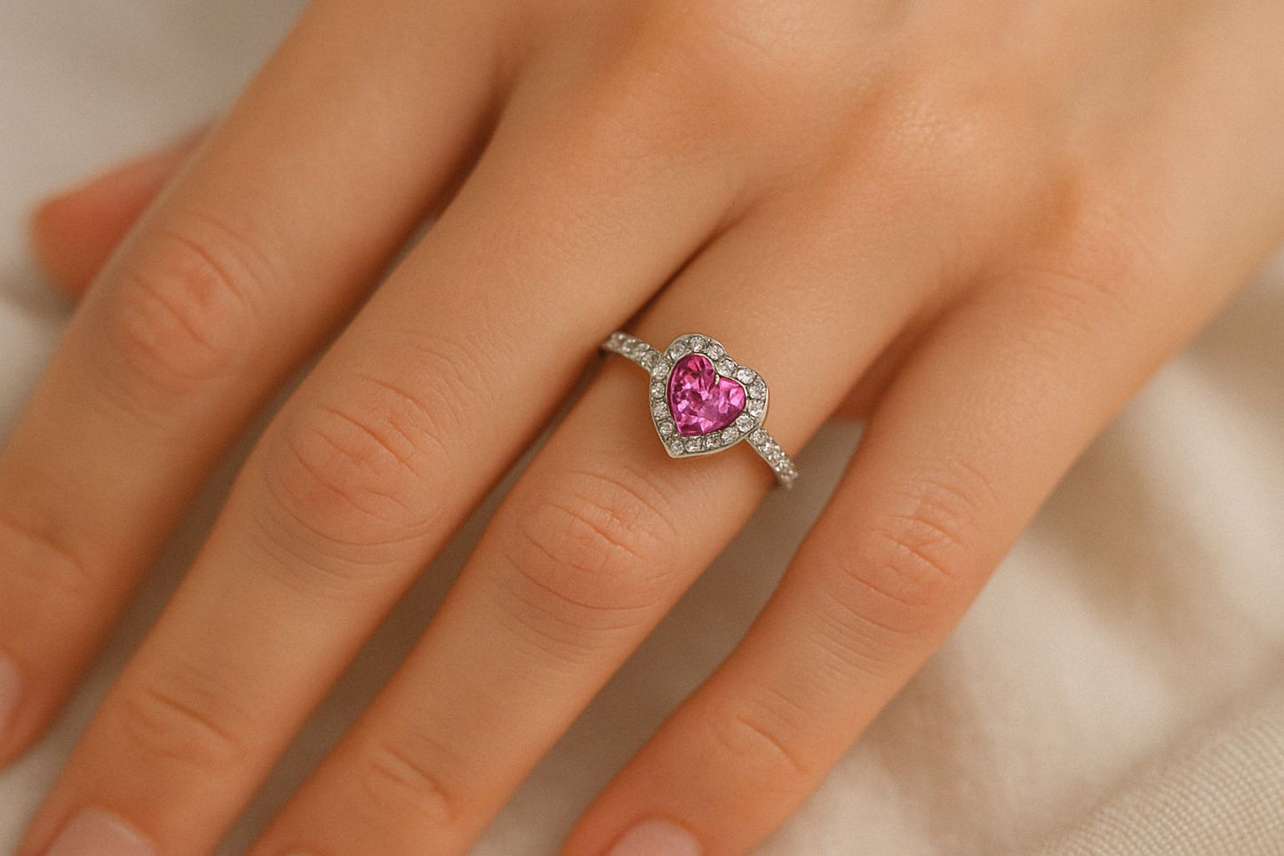 925 Ayar Gümüş Pembe Taşlı Kalpli Yüzük & Ciddi İlişki Yüzüğü