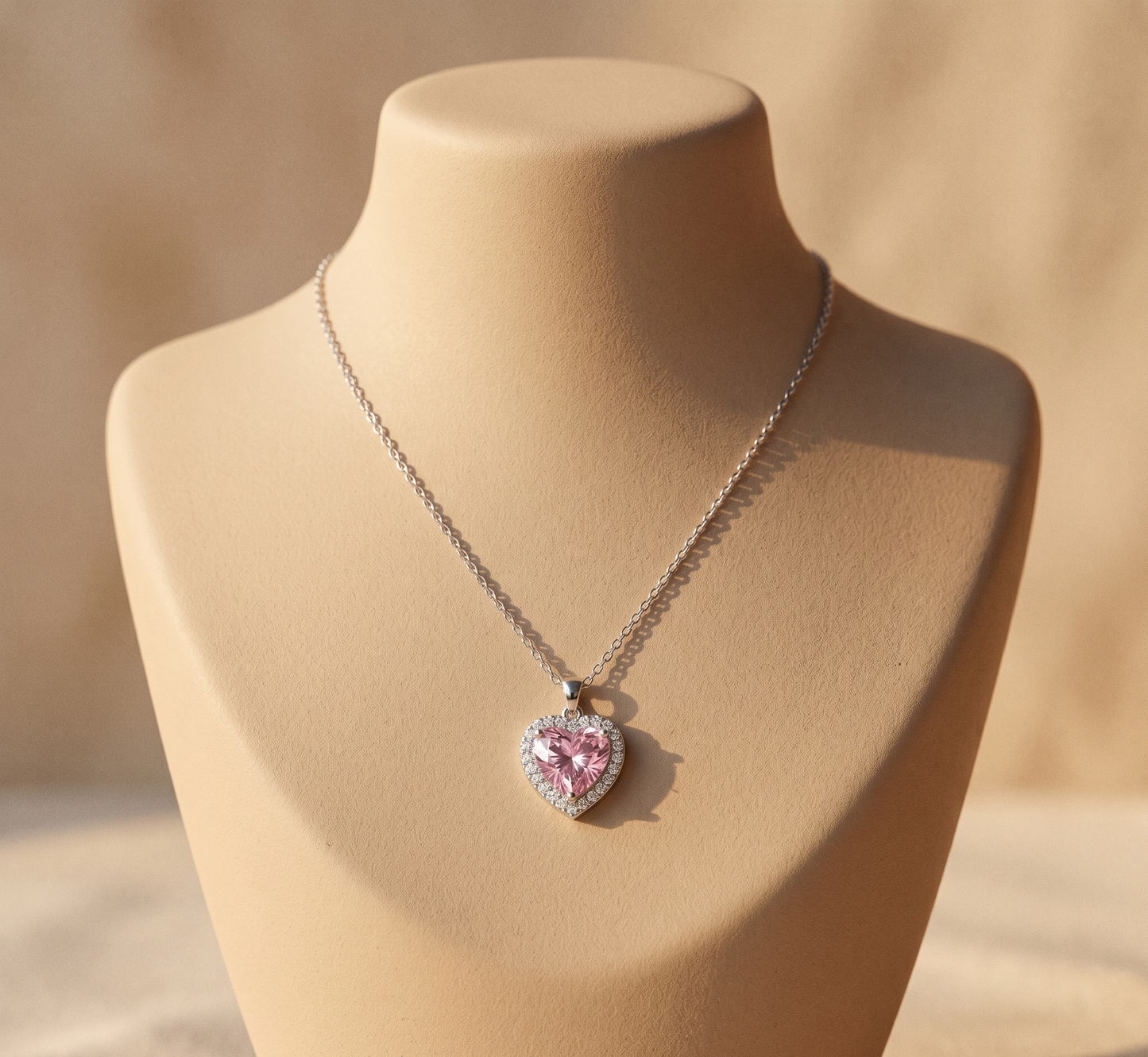Pembe Taşlı Işıltılı Kalp Gümüş Kolye | BLUEVELL